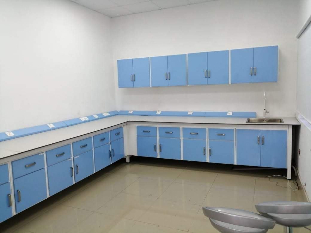 Laboratory island bench with reagent shelving