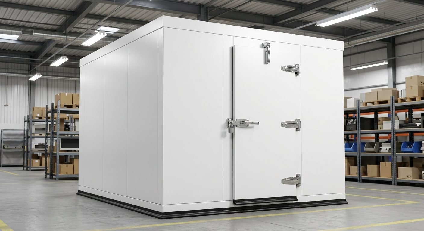 Walk-in cold room with insulated PU panels in a warehouse