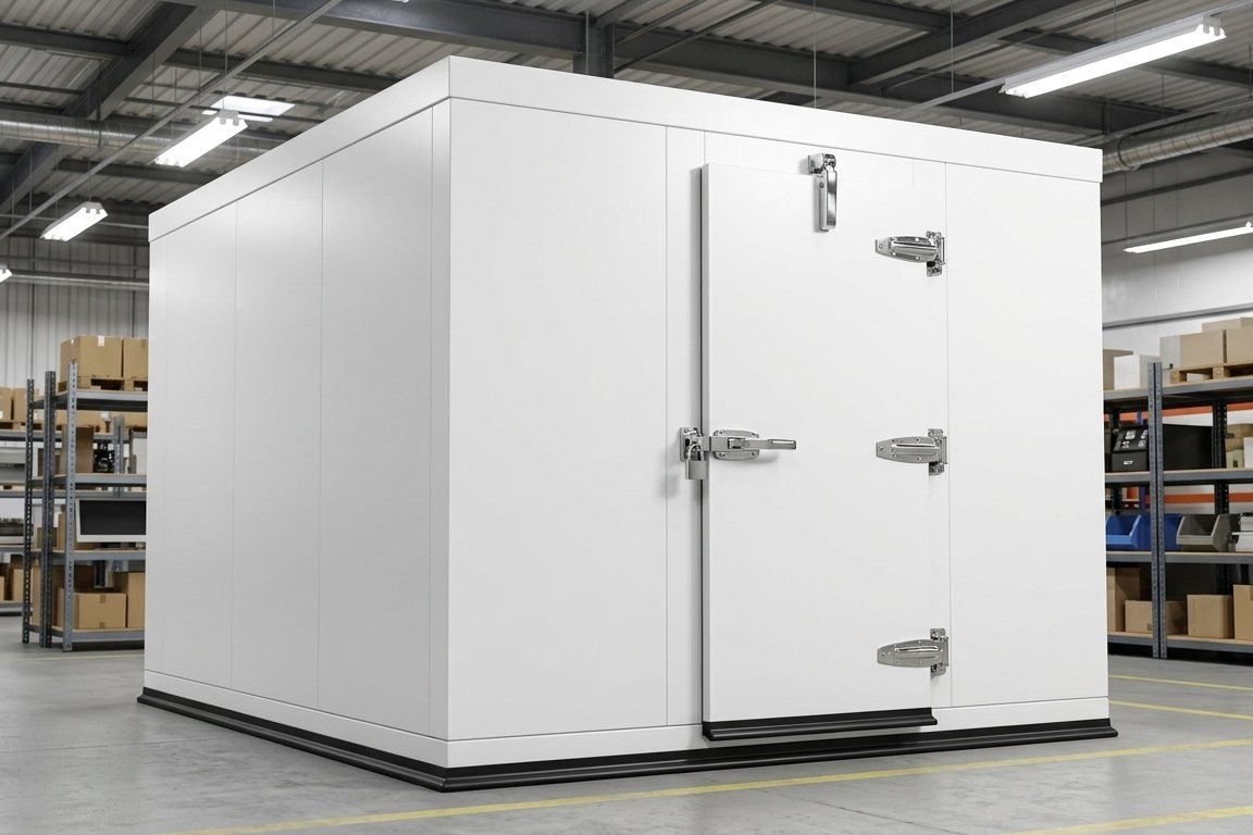 Walk-in cold room with insulated panels and heavy-duty door hardware