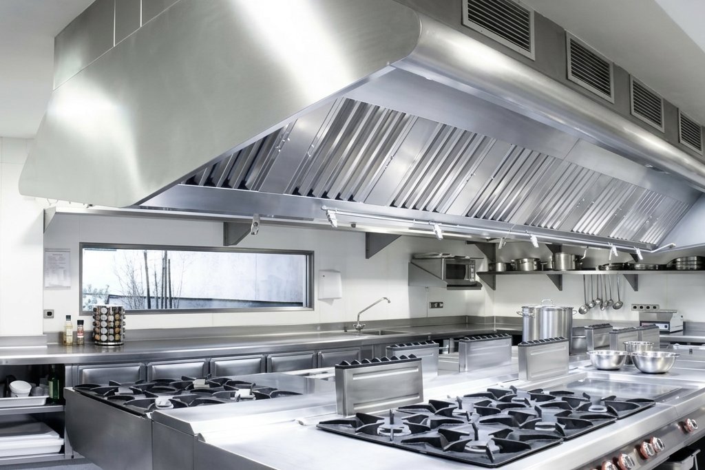 Stainless-steel canopy exhaust hood with baffle grease filters over a cooking line