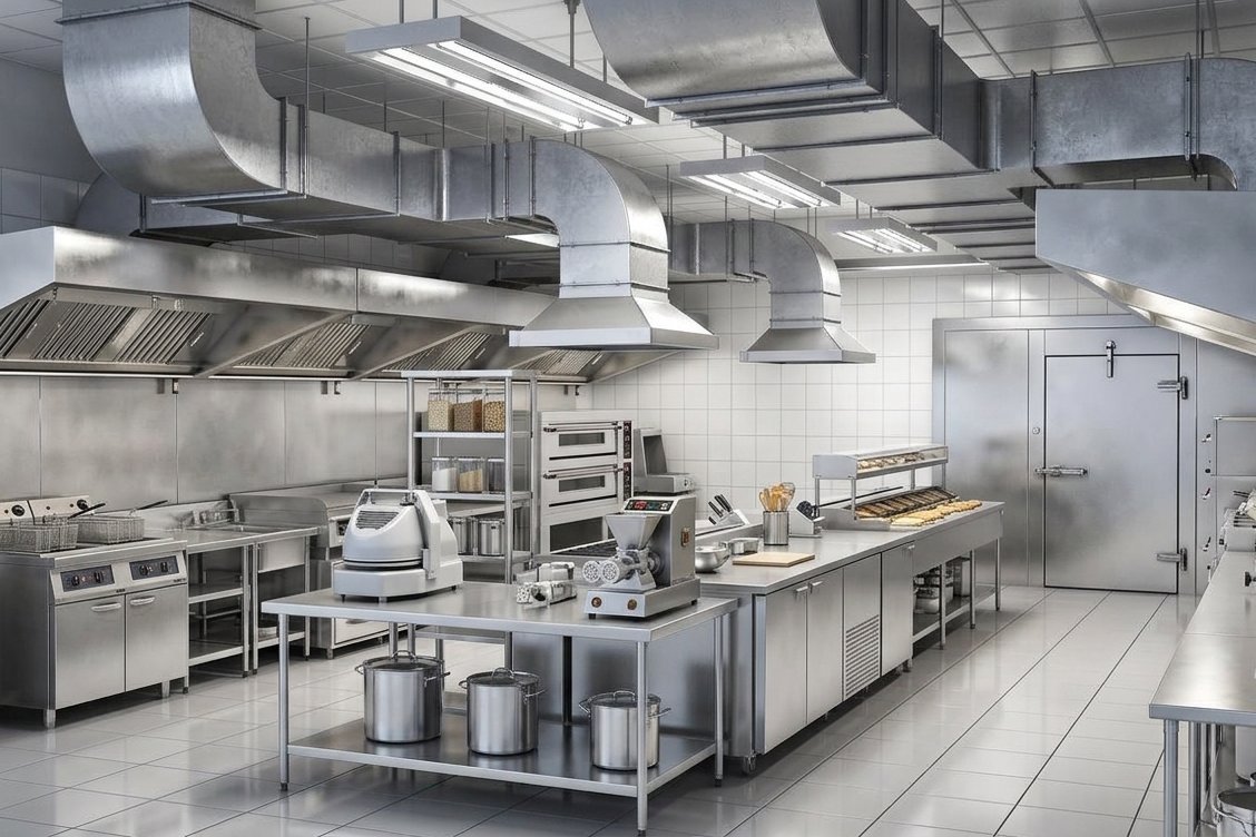 Stainless-steel commercial kitchen with exhaust hoods, ducting and prep tables